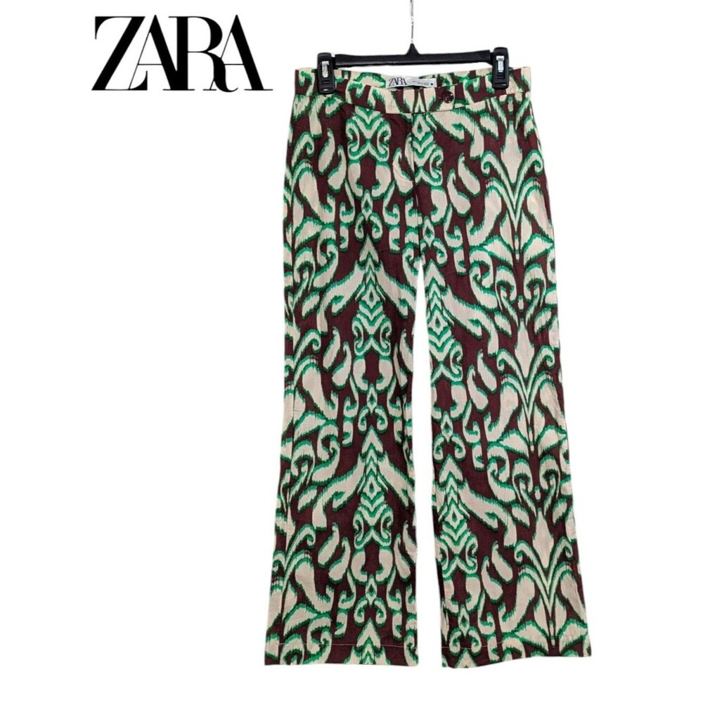 Zara Lightweight 100% Cotton Boho Pants - Brown, Cream, Green - Size XS Womens